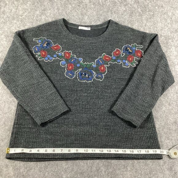 Zara Sequin Embroidered Floral Gray Sweater Size Small Ribbed Knit Lagenlook - Picture 8 of 13